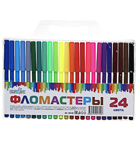 Фломастеры 24 цвета, с цветным вент.колпачком, пластик, в ПВХ пенале