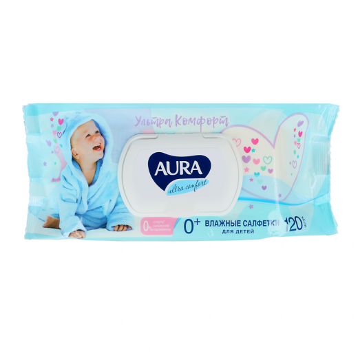 Салфетки влажные 120шт детские AURA ULTRA COMFORT с экст алоэ и вит Е